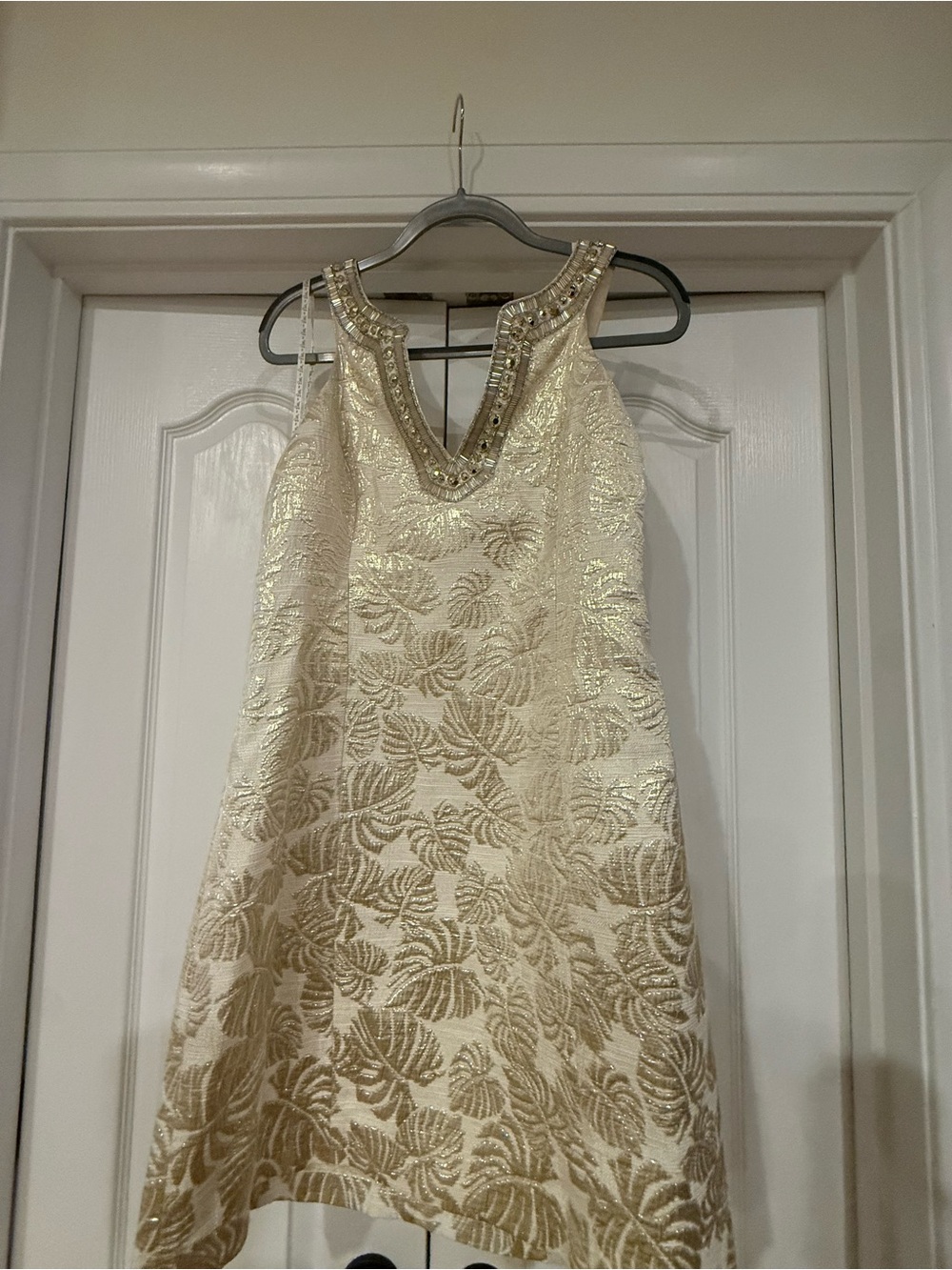 Lilly Pulitzer Ivory and Gold Leaf Embellished Mini Dress